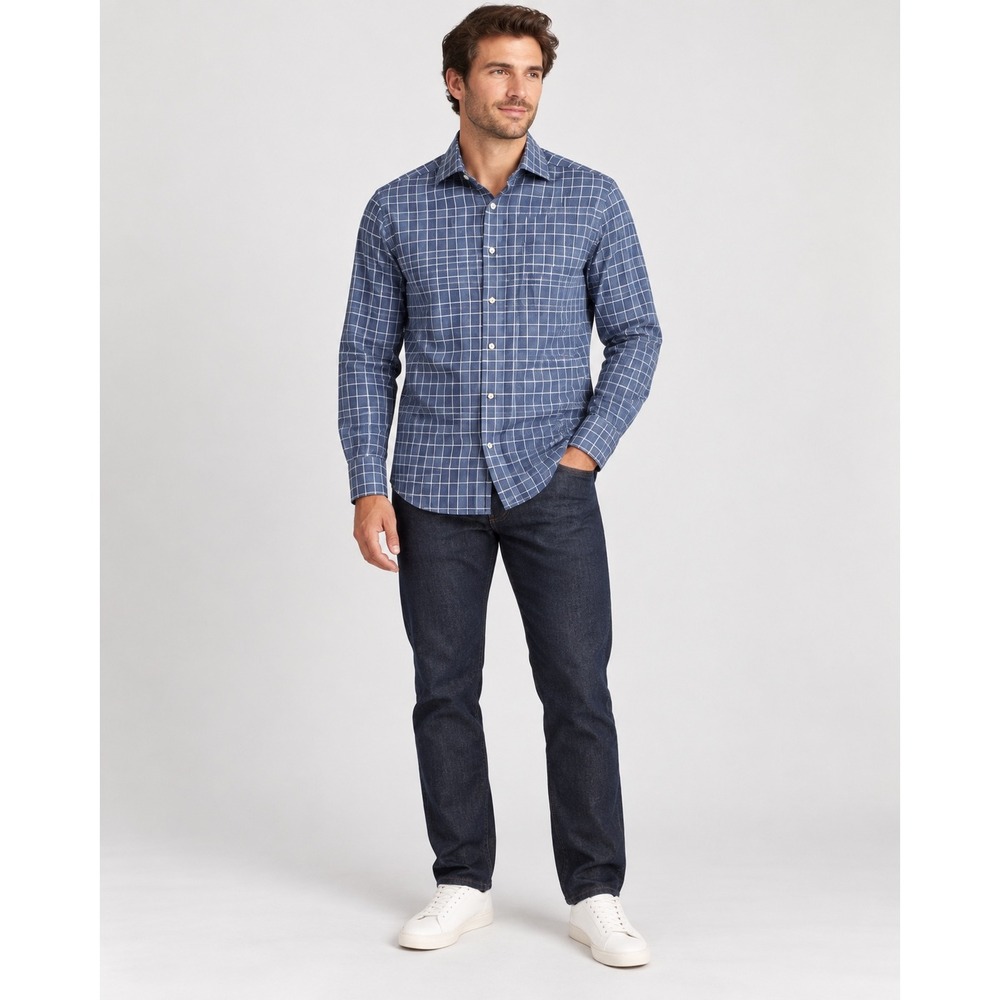 David Donahue Mens Blue Windowpane Plaid Cotton Button Down Dress Shirt